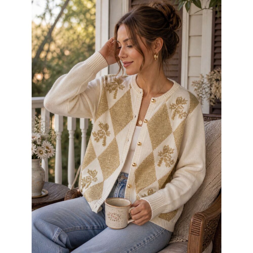 Vintage Style Argyle Cardigan Gold Embroidered Preppy Sweater Cottage Chic M